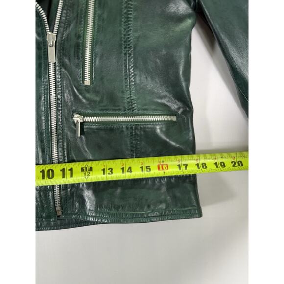 Mango Moto Genuine Leather Green Jacket Size Medium EUC - Picture 5 of 9